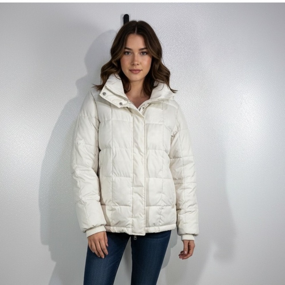 YPB Cream Puffer Jacket Women's Large Winter Quilted Coat Warm Zip Snap Neutral
